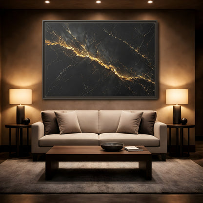 Mockup 2. Abstract Black Marble Black Gold shown as stretched canvas wall art