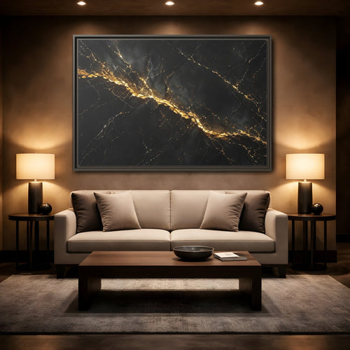 Mockup 2. Abstract Black Marble Black Gold shown as stretched canvas wall art