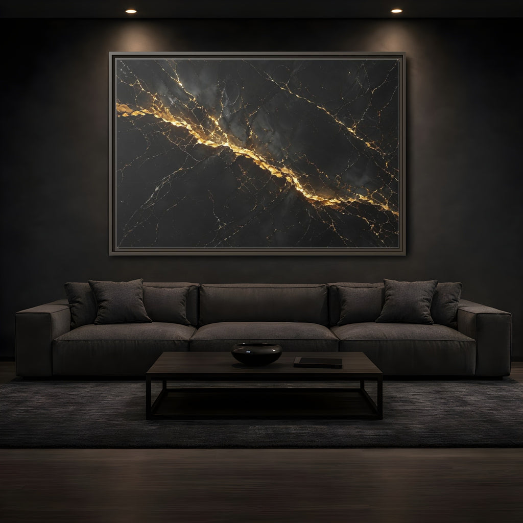 Mockup 3. Abstract Black Marble Black Gold shown as stretched canvas wall art
