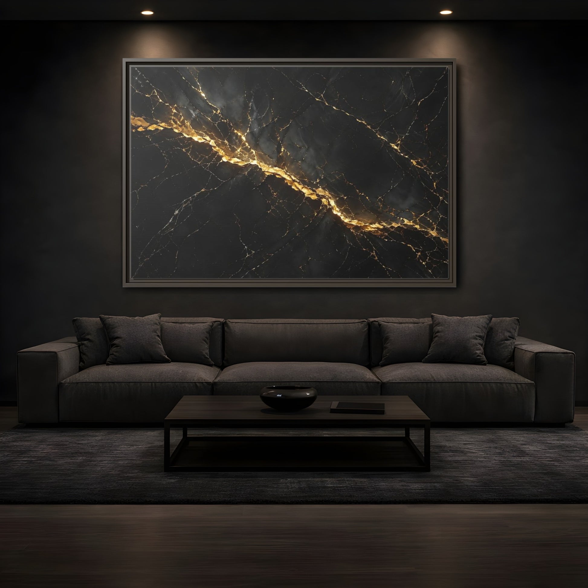 Mockup 3. Abstract Black Marble Black Gold shown as stretched canvas wall art