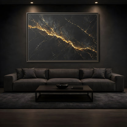Mockup 3. Abstract Black Marble Black Gold shown as stretched canvas wall art