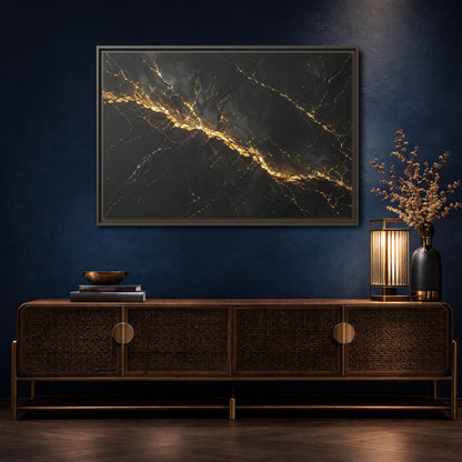 Mockup 4. Abstract Black Marble Black Gold shown as stretched canvas wall art