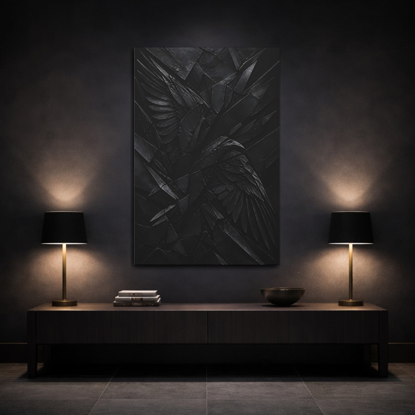 Mockup 3. Abstract Black Wings shown as canvas print