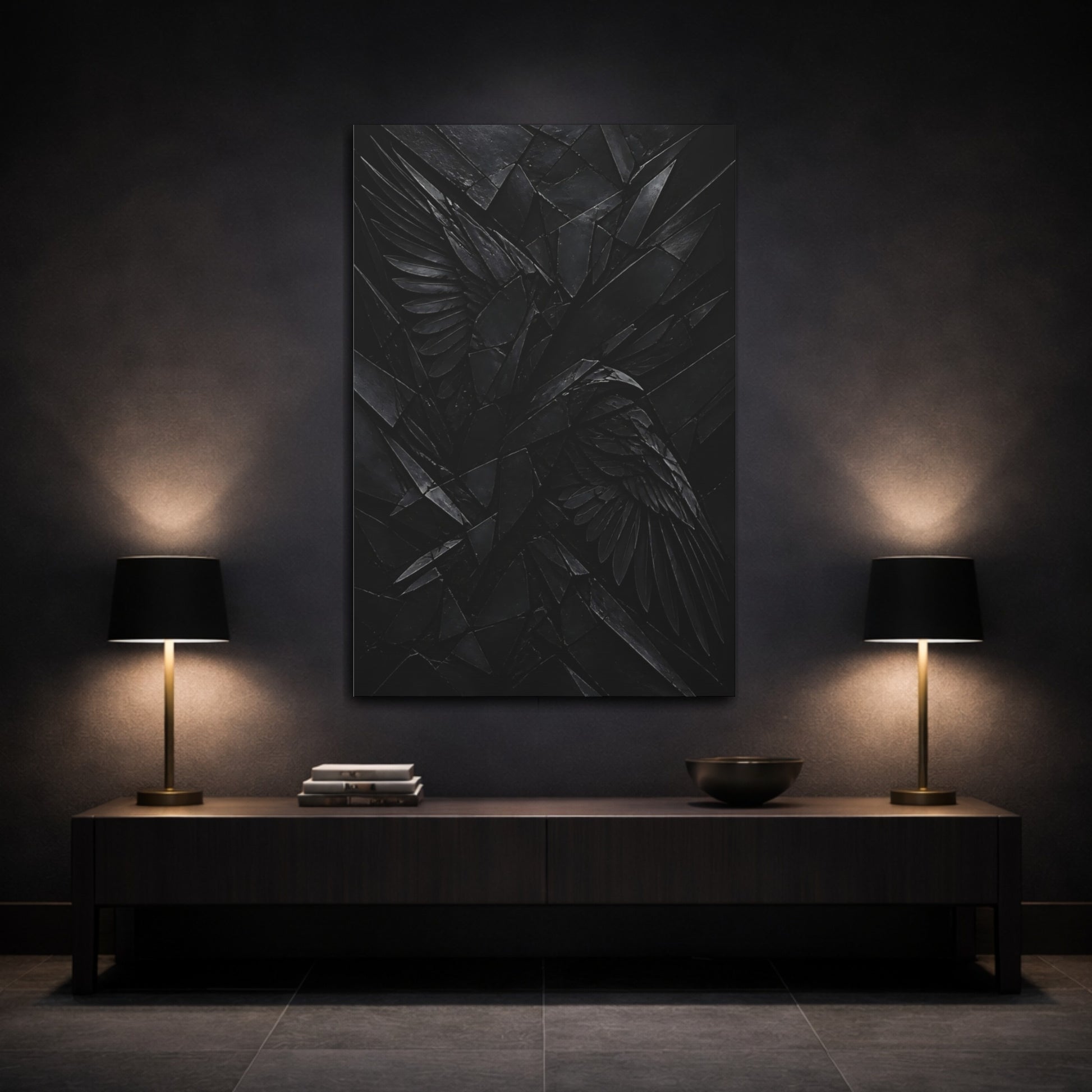 Mockup 3. Abstract Black Wings shown as canvas print