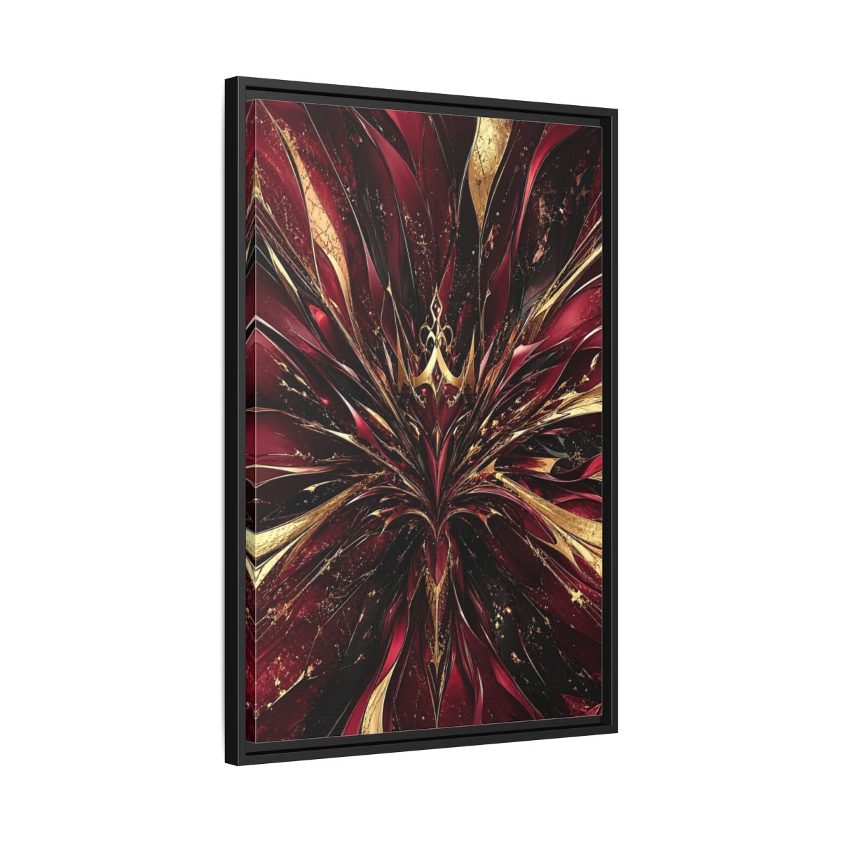 Side Mockup 14. Abstract Abstract Bloom Crimson Gold Abstract shown as stretched canvas wall art