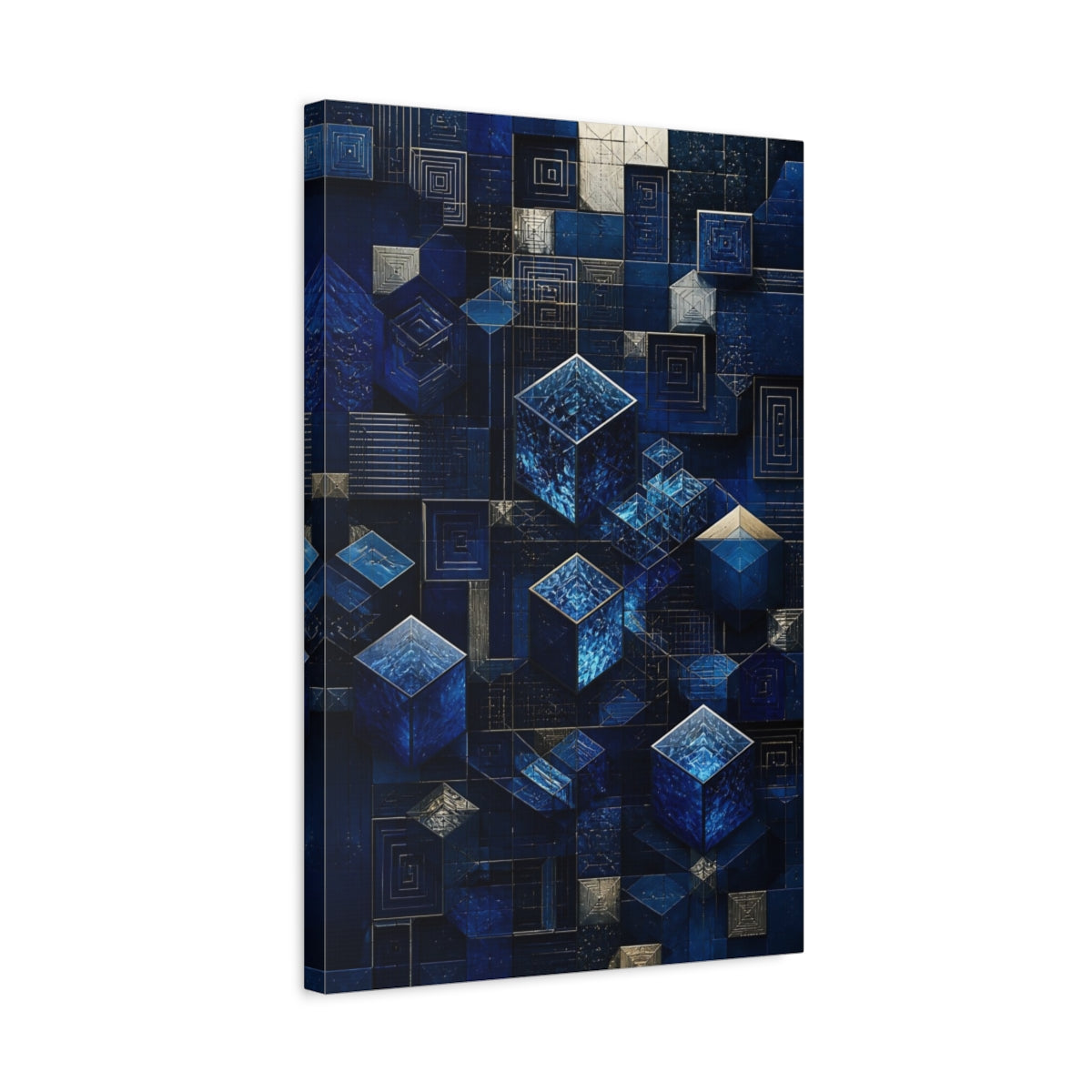 Side Mockup 3. Abstract Blue Crystal Cubes shown as canvas print