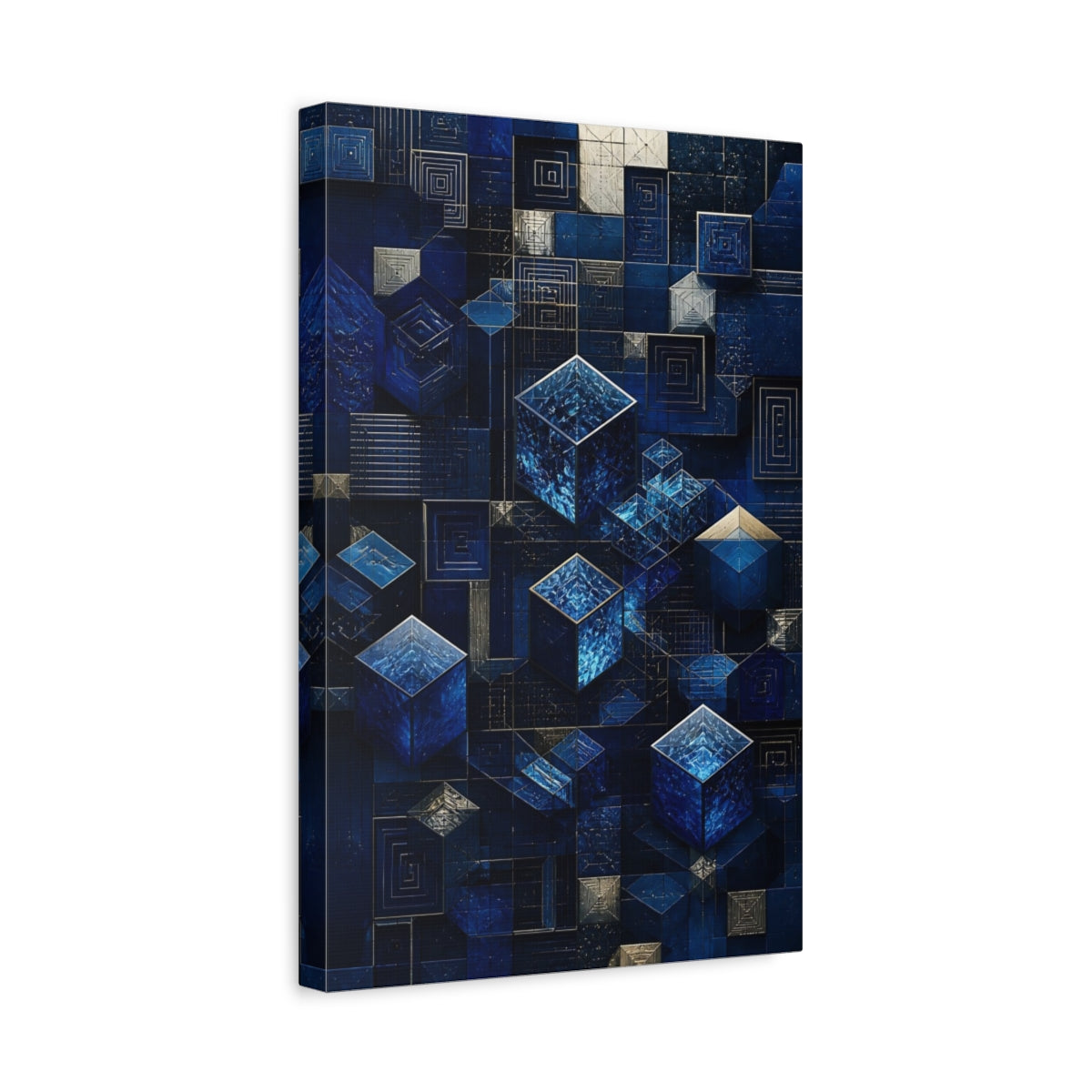 Side Mockup 4. Abstract Blue Crystal Cubes shown as canvas print