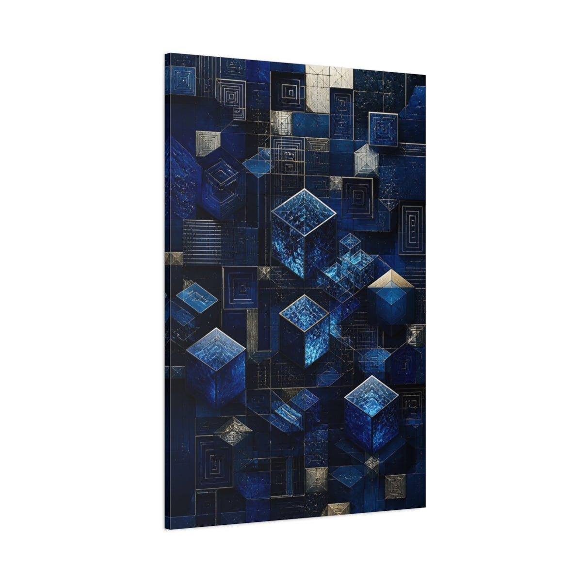 Side Mockup 1. Abstract Blue Crystal Cubes shown as canvas print