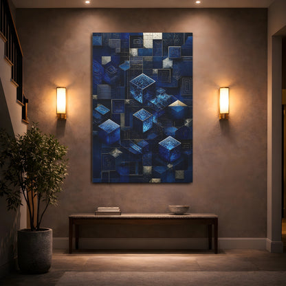 Mockup 2. Abstract Blue Crystal Cubes shown as canvas print