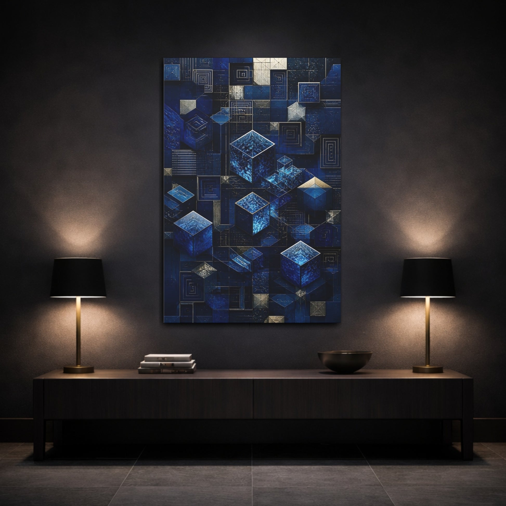 Mockup 3. Abstract Blue Crystal Cubes shown as canvas print