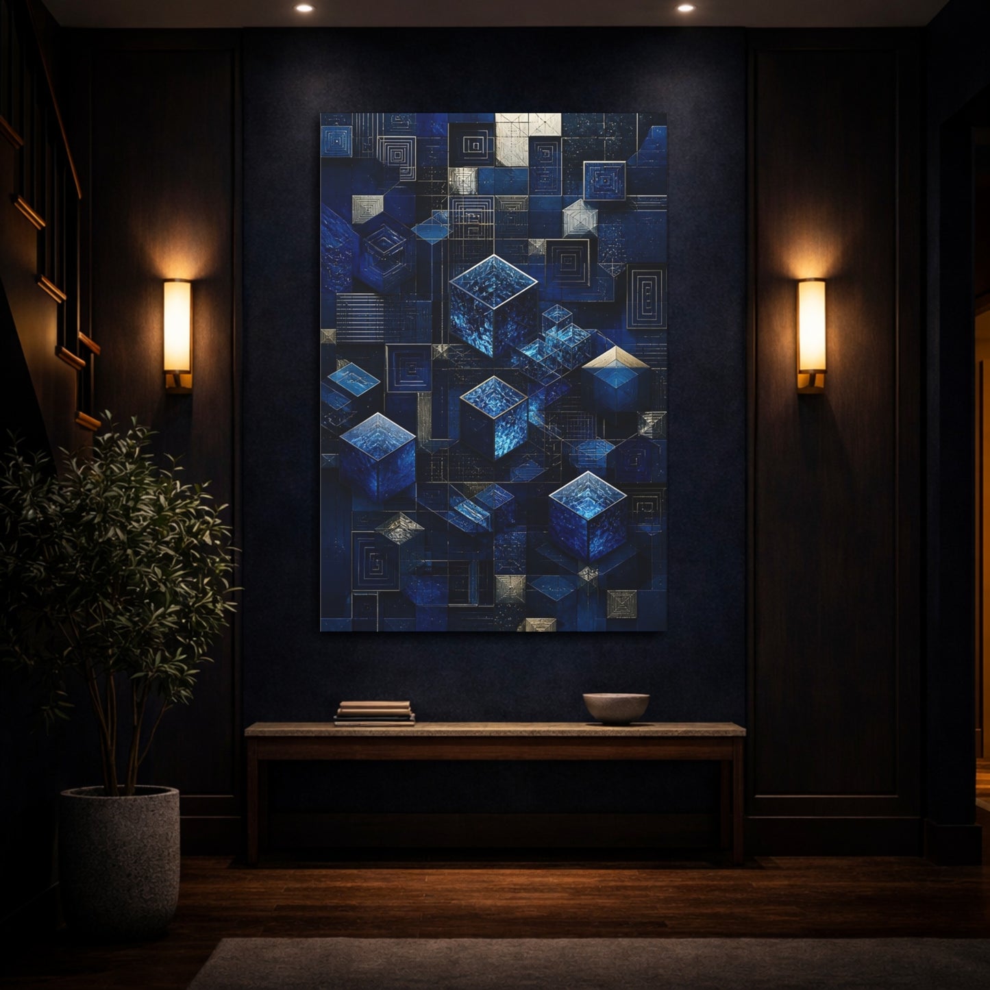 Mockup 4. Abstract Blue Crystal Cubes shown as canvas print