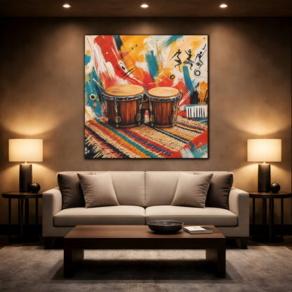 Mockup 2. Abstract Bongo Drums Colorful Music shown as canvas print