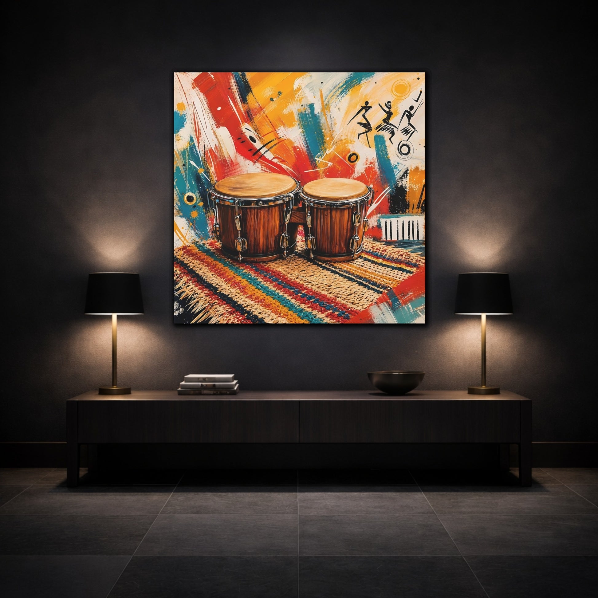 Mockup 3. Abstract Bongo Drums Colorful Music shown as canvas print