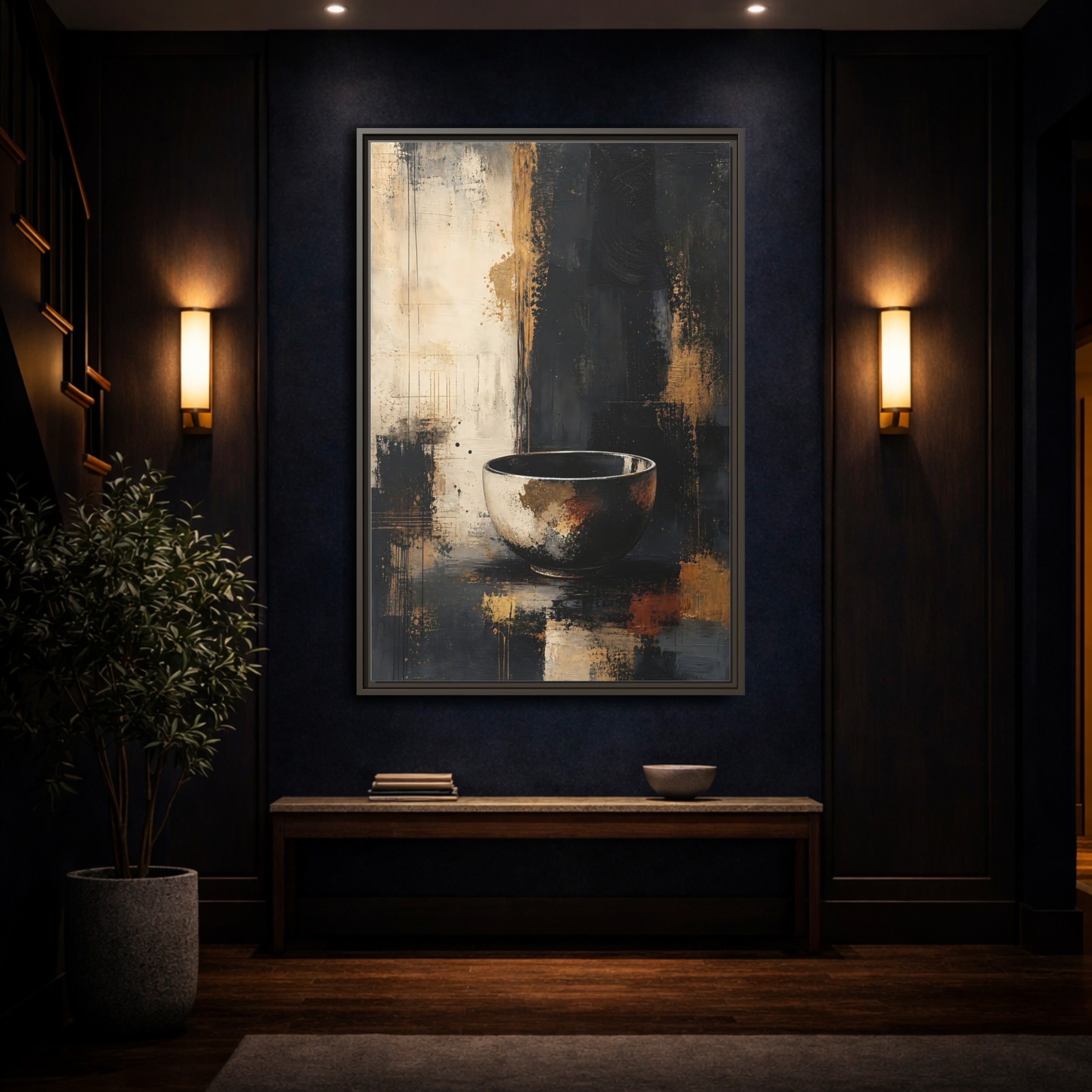 Mockup 4. Abstract Bowl Black Gold Abstract shown as stretched canvas wall art