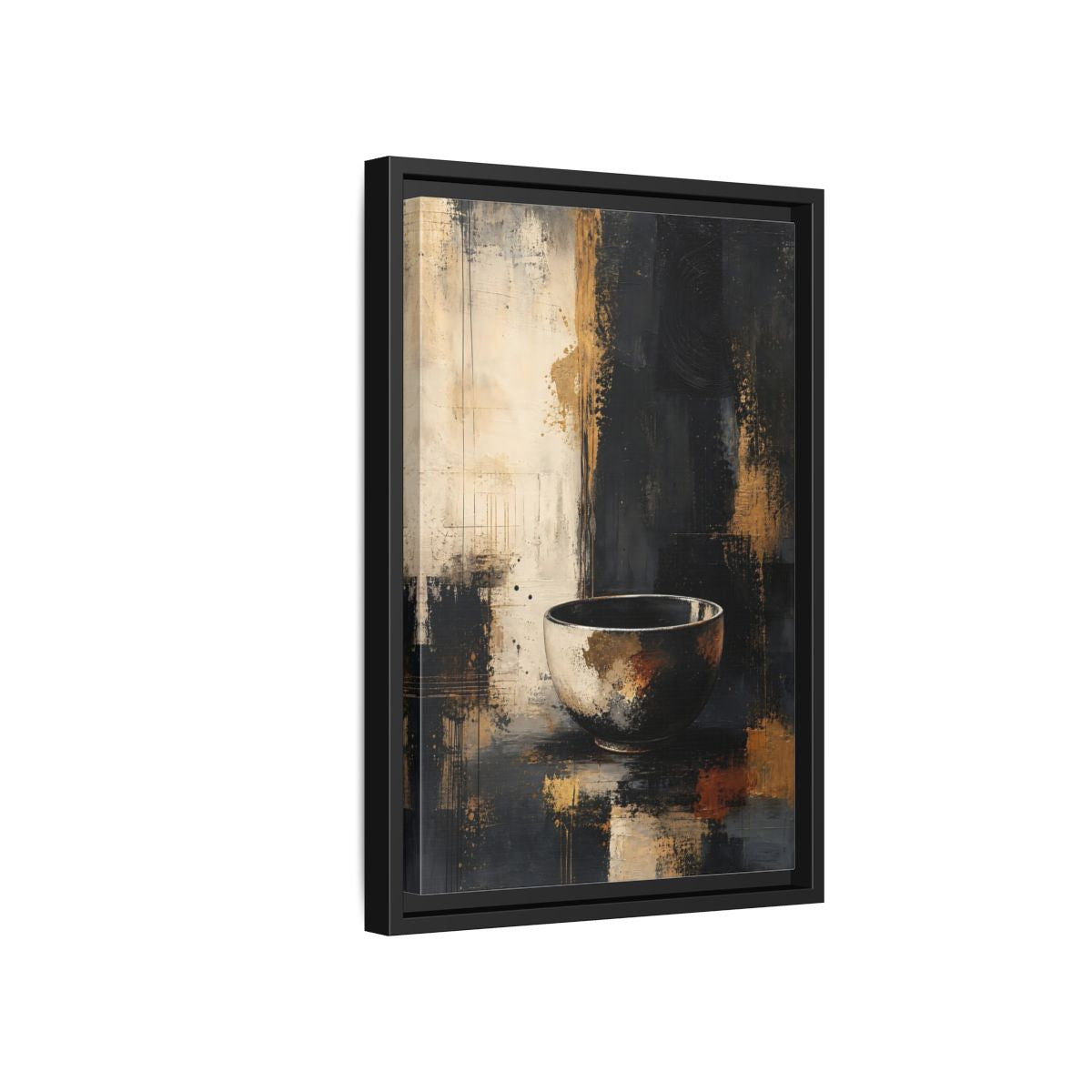 Side Mockup 6. Abstract Bowl Black Gold Abstract shown as stretched canvas wall art