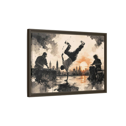 Side Mockup 2. Abstract Breakdancer Orange And Black Urban shown as framed canvas print