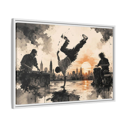Side Mockup 10. Abstract Breakdancer Orange And Black Urban shown as framed canvas print