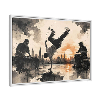 Side Mockup 9. Abstract Breakdancer Orange And Black Urban shown as framed canvas print
