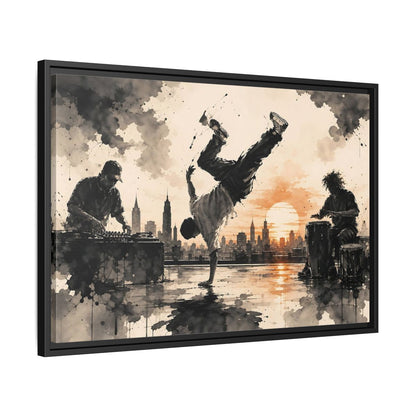 Side Mockup 14. Abstract Breakdancer Orange And Black Urban shown as framed canvas print