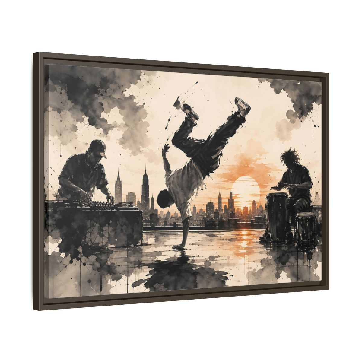 Side Mockup 11. Abstract Breakdancer Orange And Black Urban shown as framed canvas print