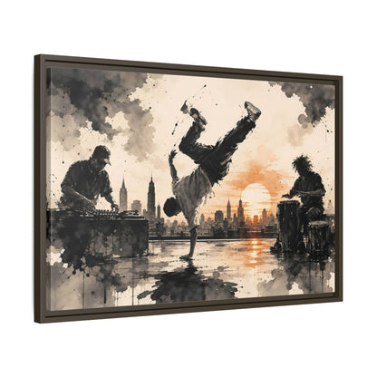 Side Mockup 11. Abstract Breakdancer Orange And Black Urban shown as framed canvas print