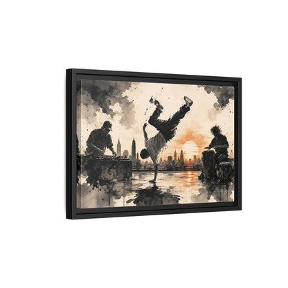 Side Mockup 6. Abstract Breakdancer Orange And Black Urban shown as framed canvas print