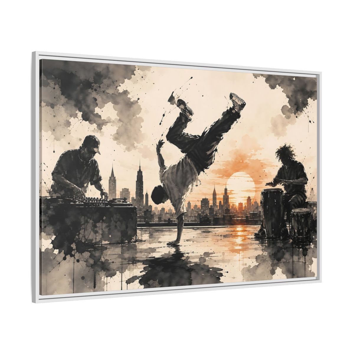 Side Mockup 7. Abstract Breakdancer Orange And Black Urban shown as framed canvas print