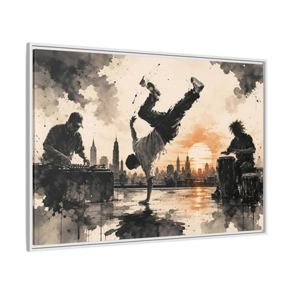 Side Mockup 7. Abstract Breakdancer Orange And Black Urban shown as framed canvas print