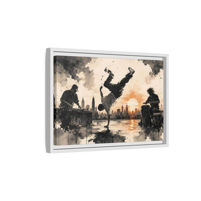Side Mockup 4. Abstract Breakdancer Orange And Black Urban shown as framed canvas print