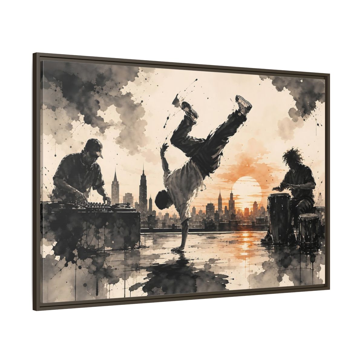 Side Mockup 8. Abstract Breakdancer Orange And Black Urban shown as framed canvas print