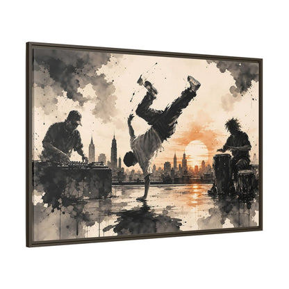 Side Mockup 8. Abstract Breakdancer Orange And Black Urban shown as framed canvas print