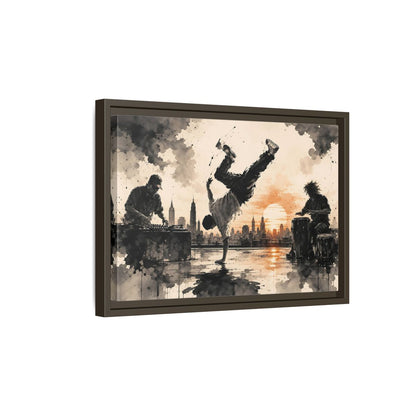 Side Mockup 5. Abstract Breakdancer Orange And Black Urban shown as framed canvas print