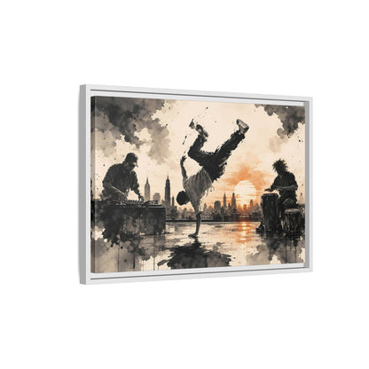 Side Mockup 1. Abstract Breakdancer Orange And Black Urban shown as framed canvas print