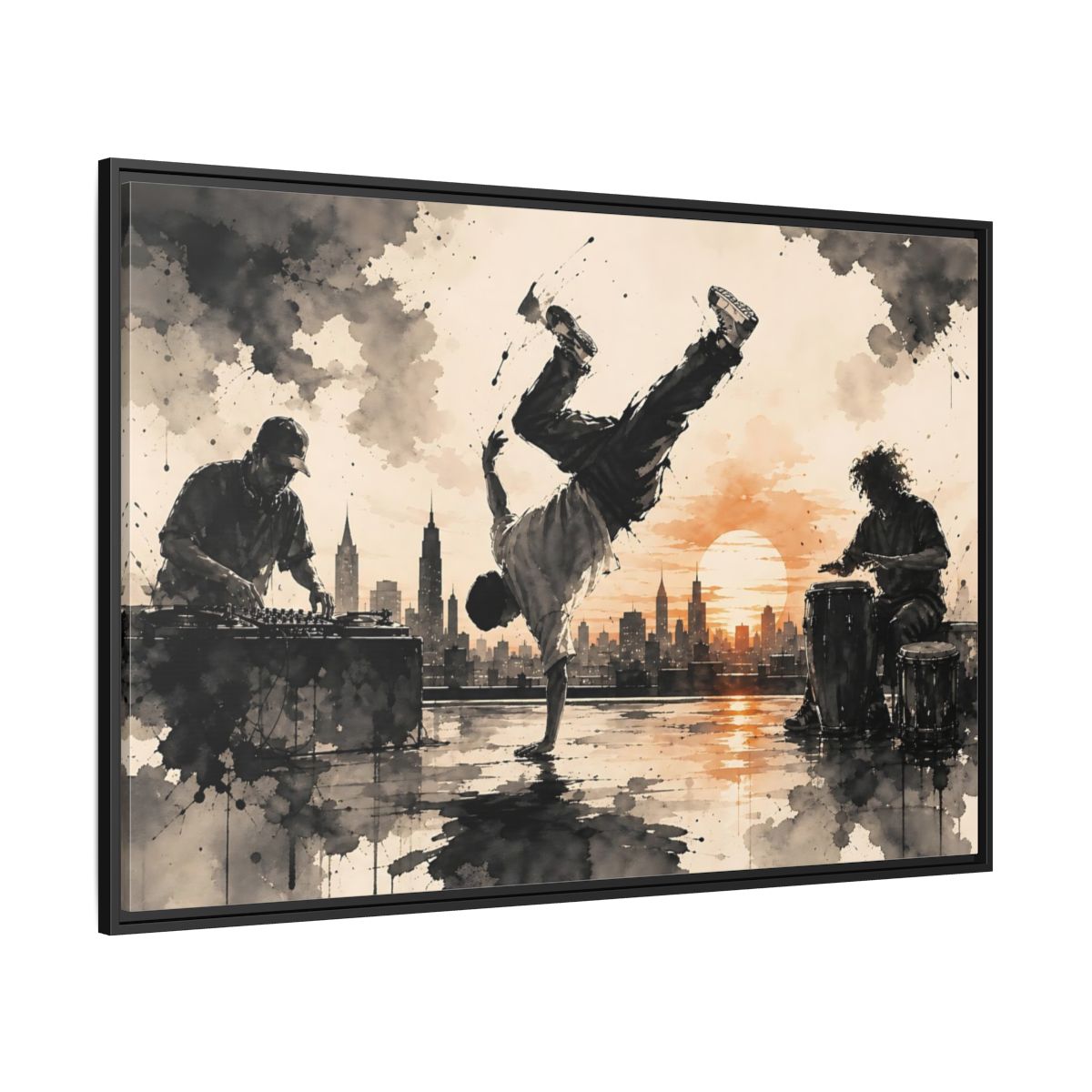 Side Mockup 12. Abstract Breakdancer Orange And Black Urban shown as framed canvas print