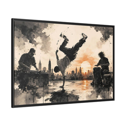 Side Mockup 12. Abstract Breakdancer Orange And Black Urban shown as framed canvas print