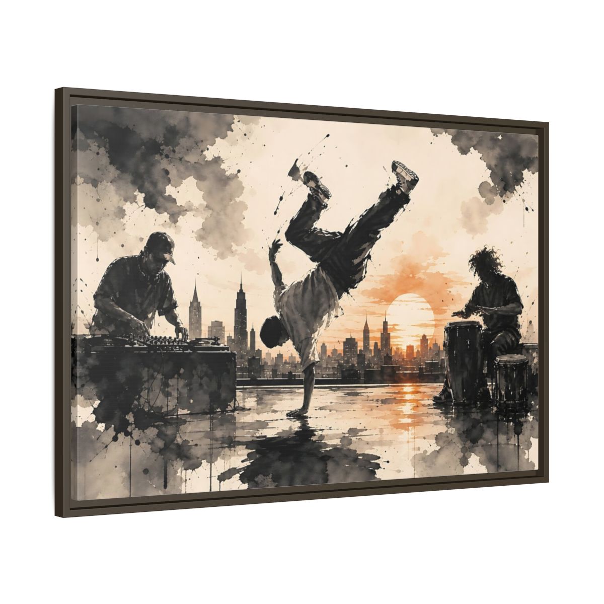 Main Mockup. Abstract Breakdancer Orange And Black Urban shown as framed canvas print