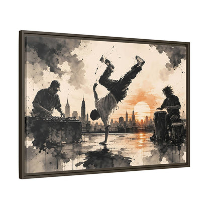 Main Mockup. Abstract Breakdancer Orange And Black Urban shown as framed canvas print