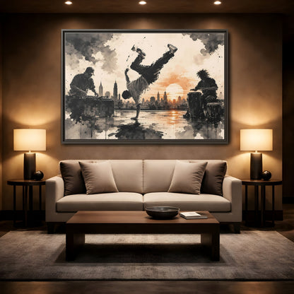 Mockup 2. Abstract Breakdancer Orange And Black Urban shown as framed canvas print