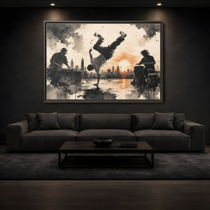 Mockup 3. Abstract Breakdancer Orange And Black Urban shown as framed canvas print
