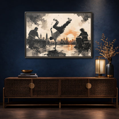 Mockup 4. Abstract Breakdancer Orange And Black Urban shown as framed canvas print