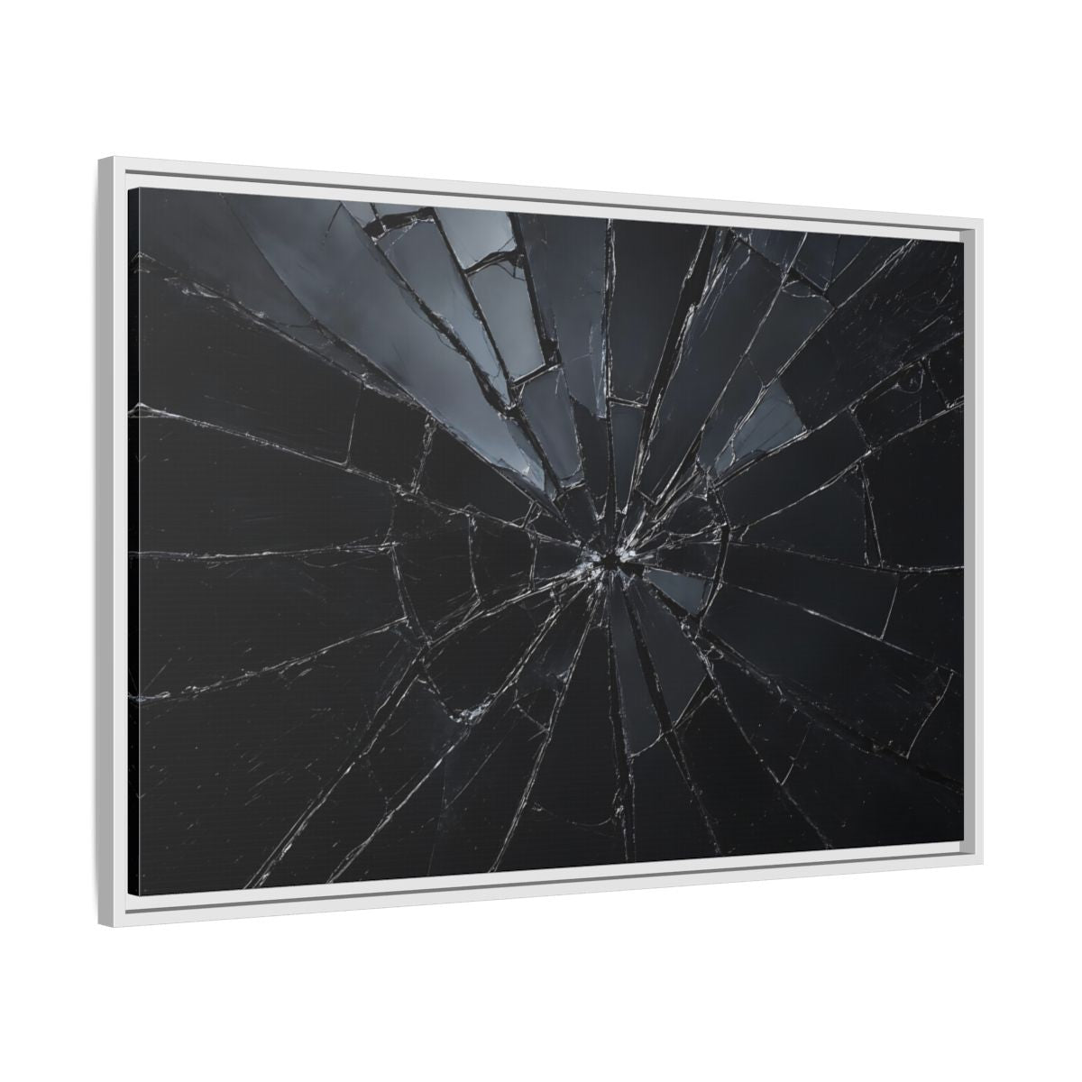 Side Mockup 9. Abstract Broken Glass Black And Grey shown as stretched canvas wall art