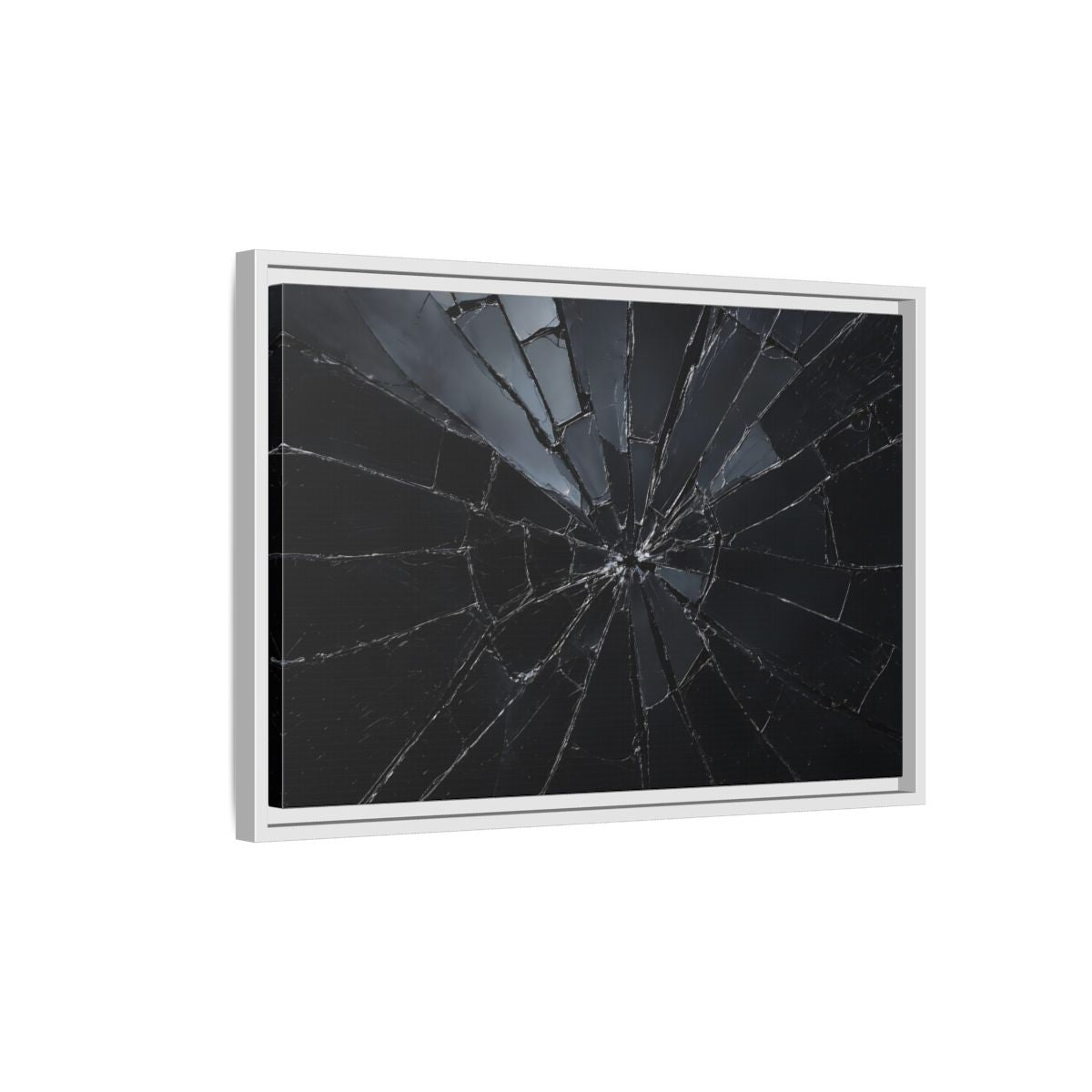 Side Mockup 1. Abstract Broken Glass Black And Grey shown as stretched canvas wall art