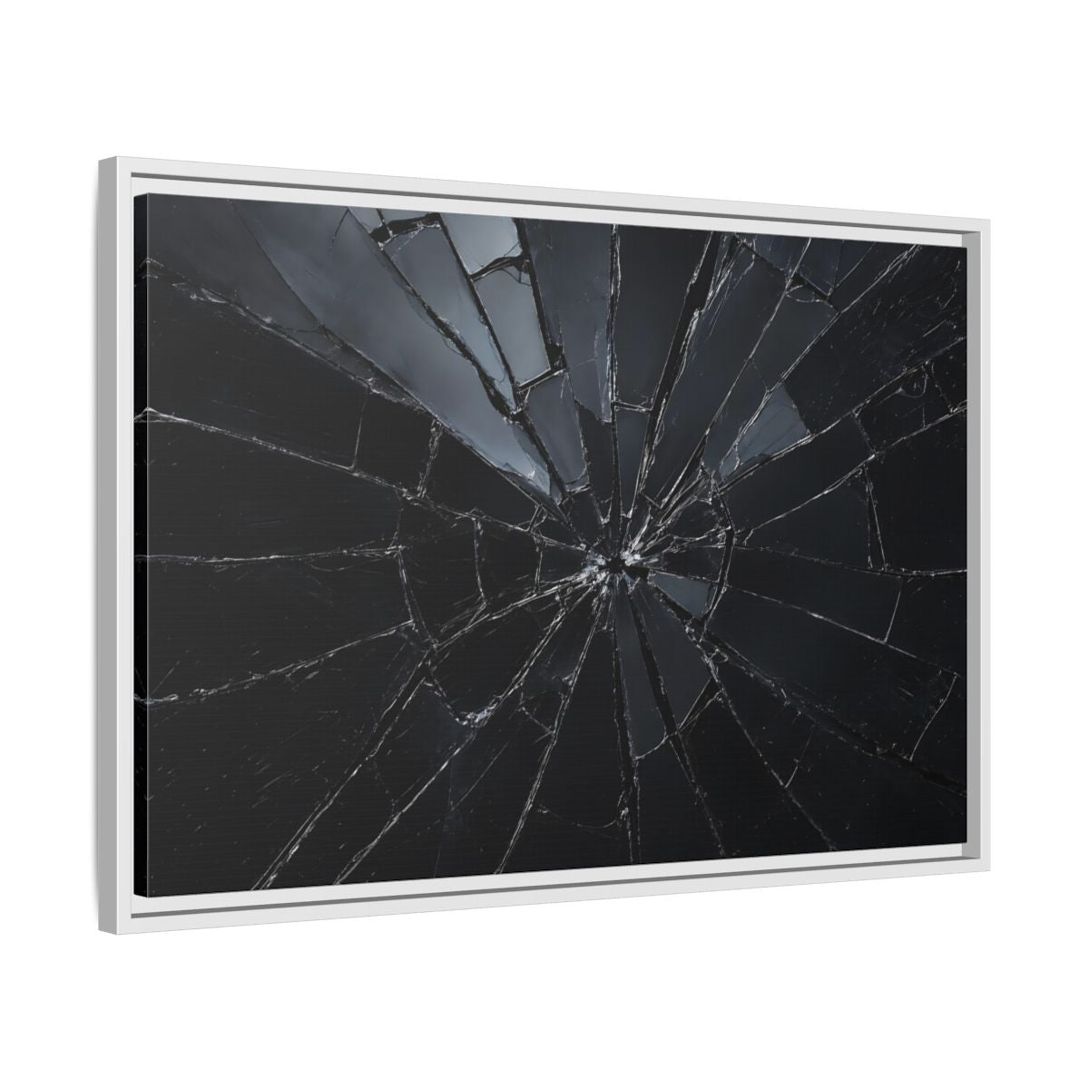 Side Mockup 10. Abstract Broken Glass Black And Grey shown as stretched canvas wall art