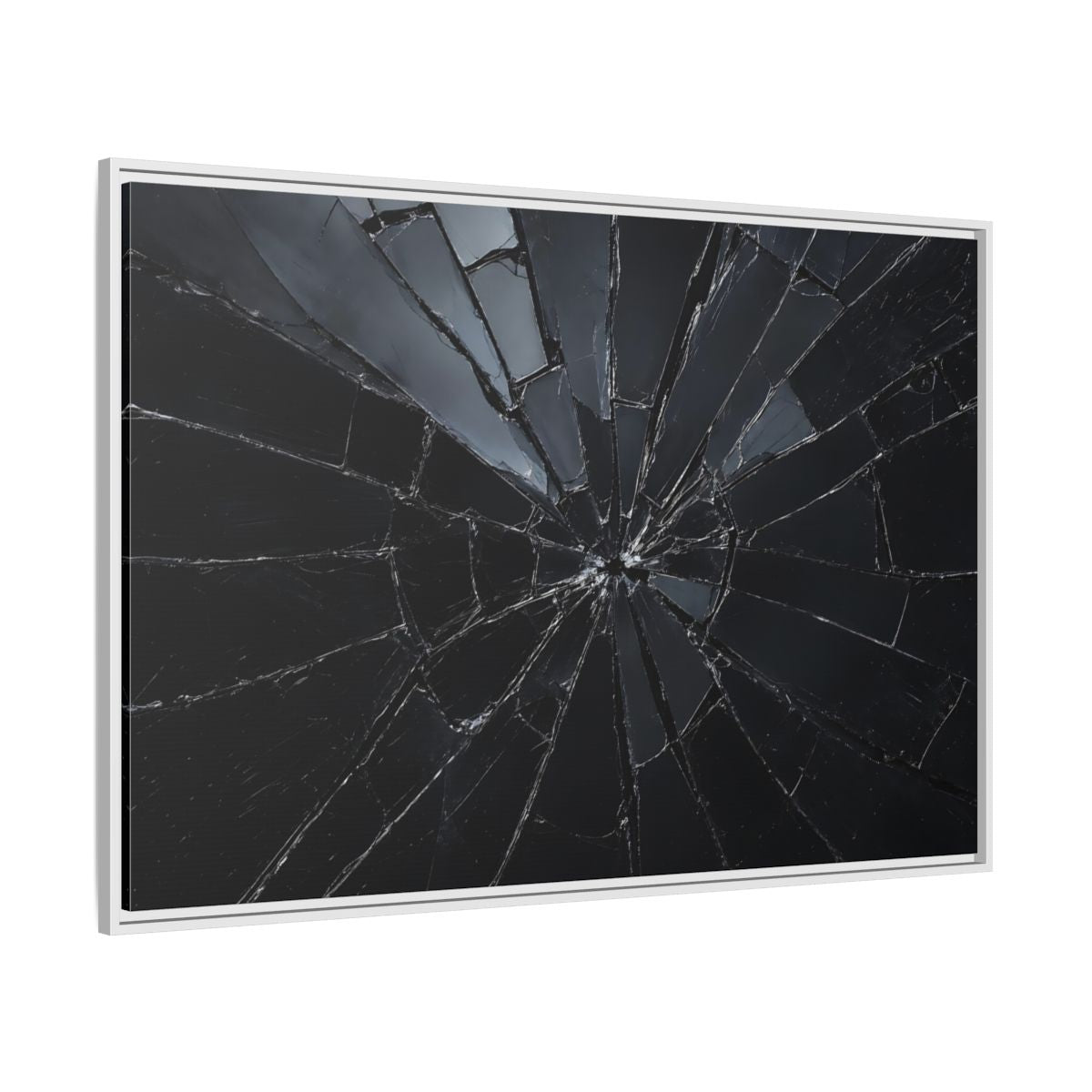 Side Mockup 7. Abstract Broken Glass Black And Grey shown as stretched canvas wall art