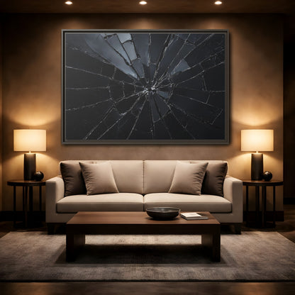 Mockup 2. Abstract Broken Glass Black And Grey shown as stretched canvas wall art