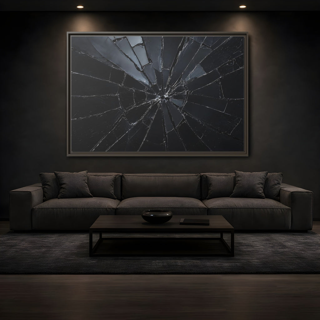 Mockup 3. Abstract Broken Glass Black And Grey shown as stretched canvas wall art
