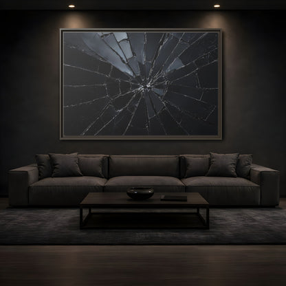 Mockup 3. Abstract Broken Glass Black And Grey shown as stretched canvas wall art