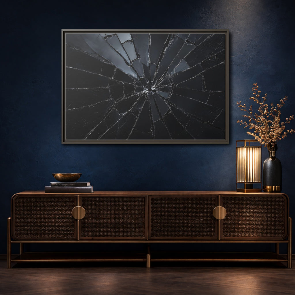 Mockup 4. Abstract Broken Glass Black And Grey shown as stretched canvas wall art