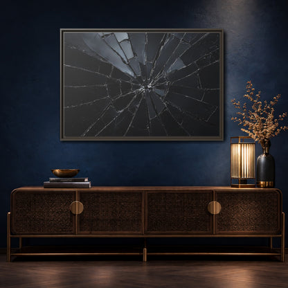 Mockup 4. Abstract Broken Glass Black And Grey shown as stretched canvas wall art