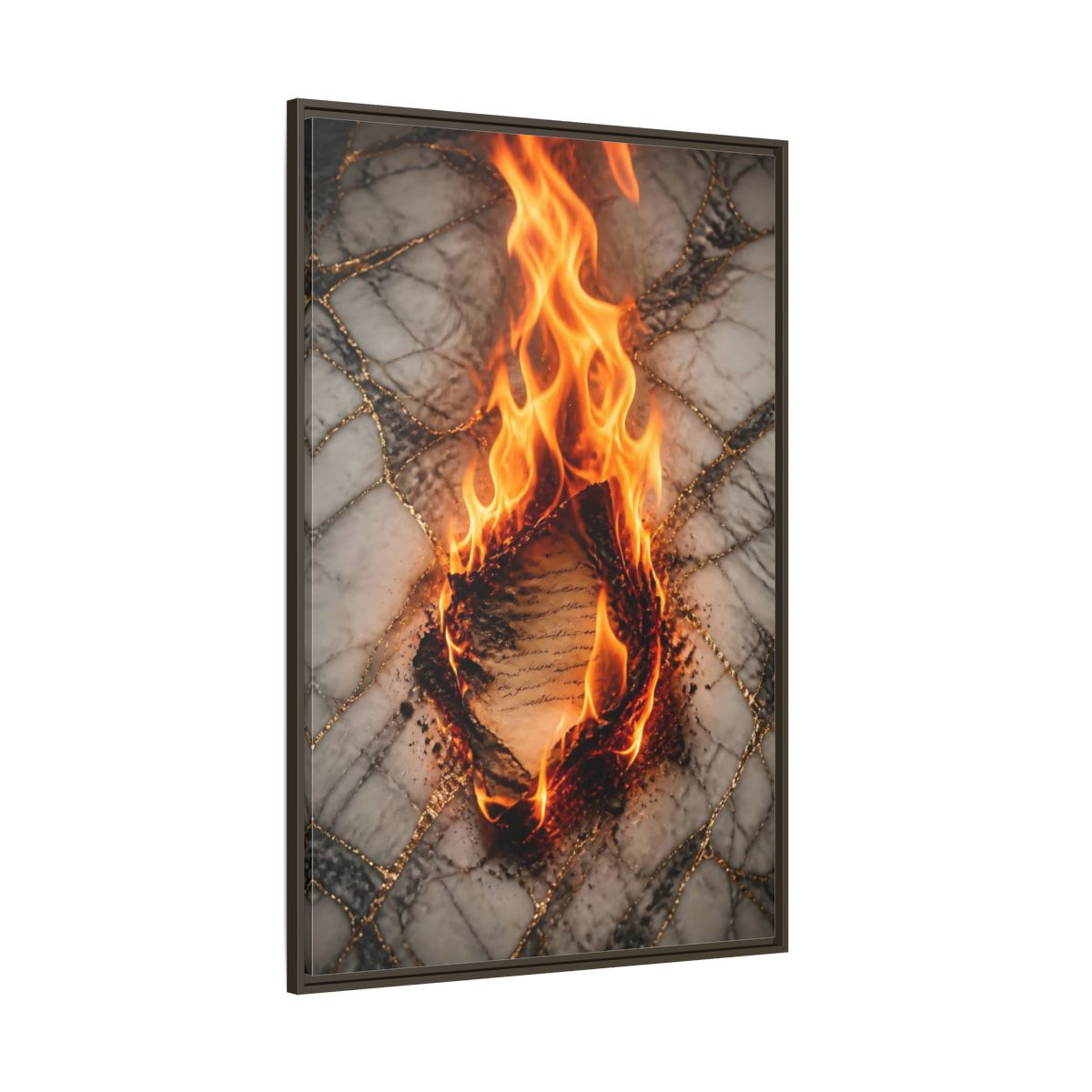 Side Mockup 8. Abstract Burning Paper Orange Gold Art shown as stretched canvas wall art